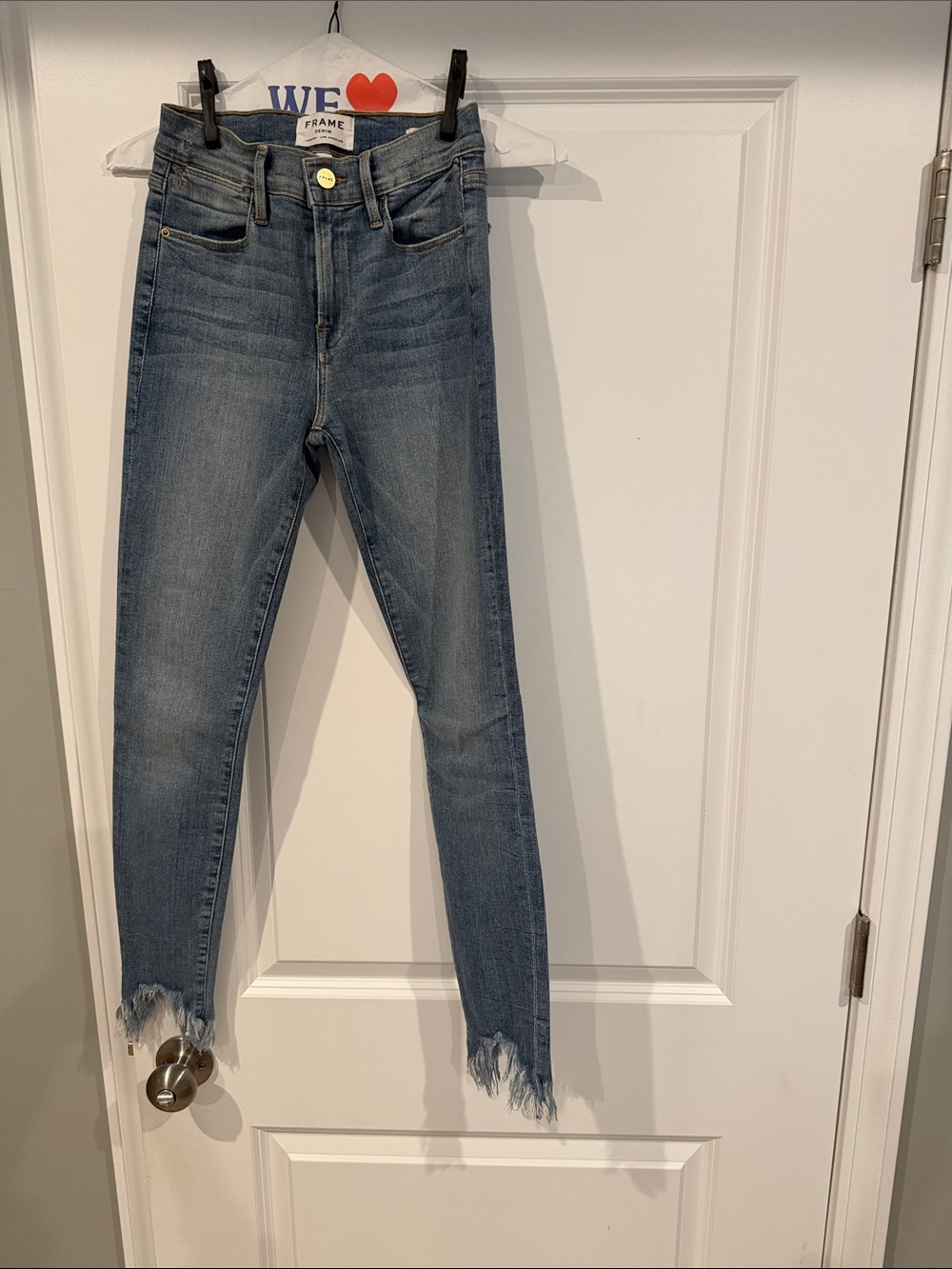 Frame Denim Medium Blue High-Rise Cropped Skinny Jeans with Raw Hem